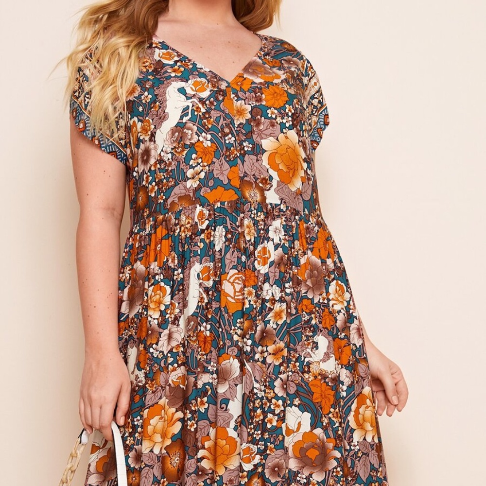 PLUS Boho V neck Floral Orange Maxi Dress - Picture 3 of 6